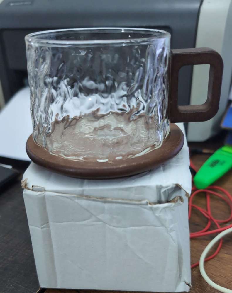 RIPPLE GLASS CUP WITH WOODEN SAUCER